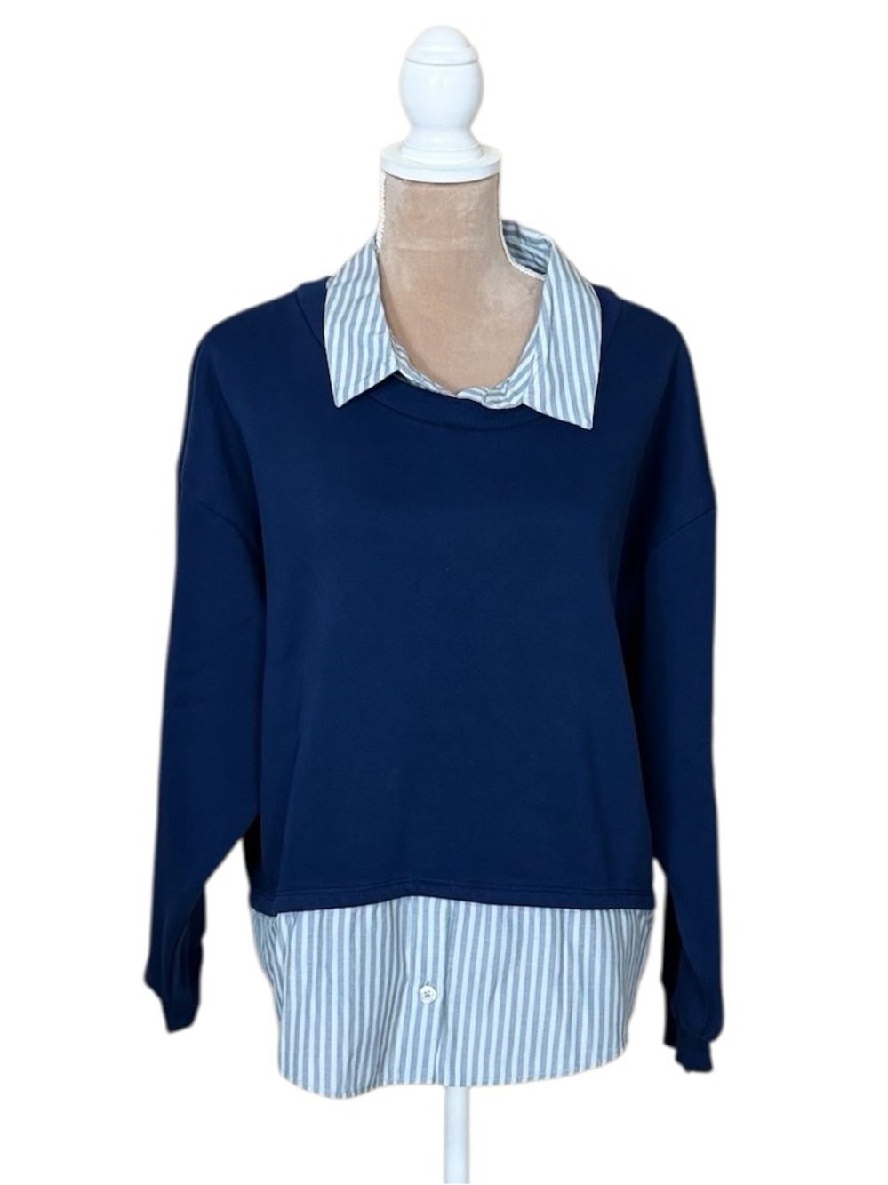 Maeve for Anthropologie Navy Layered Oversized Twofer Pullover Sweatshirt - Picture 6 of 14